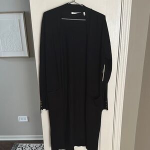 Cyrus Black Longline Cardigan with gold button on sleeve